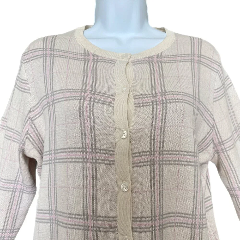 Ann Taylor Plaid Cardigan Sweater Beige Gray Pink Button-up Size Long-Sleeve M - Picture 3 of 5